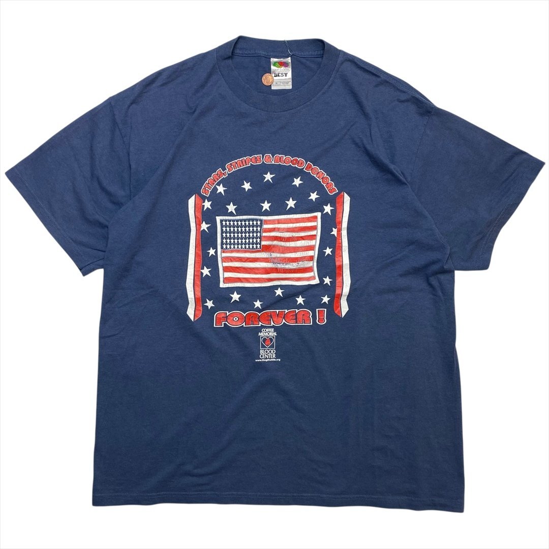 90s Vintage フルーツオブザルーム 献血者への感謝と敬意 ロゴ Tシャツ 半袖 ブルー FRUIT OF THE LOOM 古着 メンズ XL ヴィンテージ拍卖
