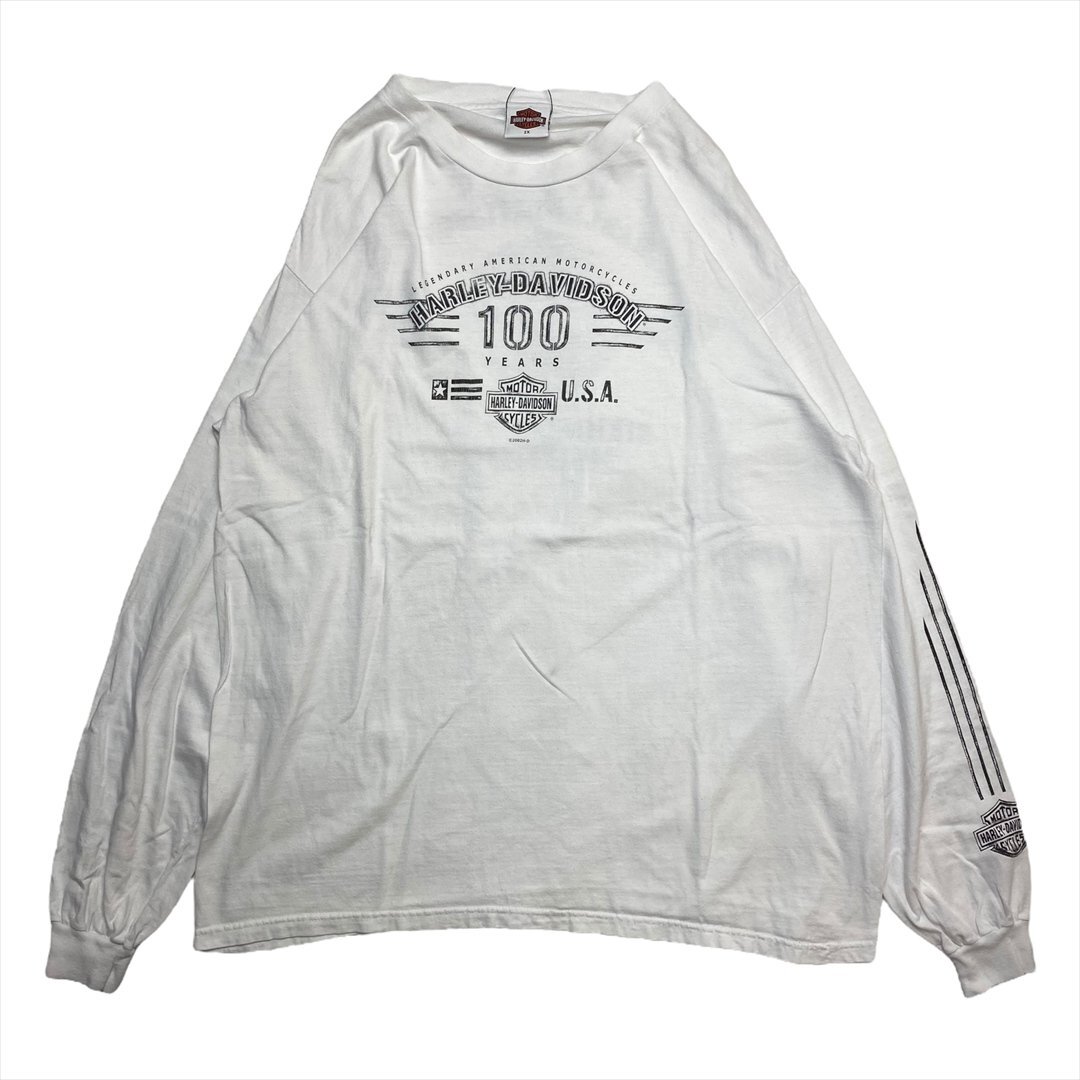 00s Vintage ハーレーダビッドソン 100 Years Tシャツ 長袖 ホワイト Harley-Davidson 古着 メンズ XXL USA製 ビッグサイズ ヴィンテージ拍卖