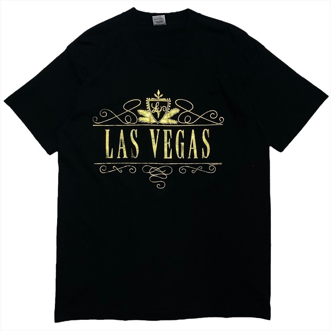 90s Vintage フルーツオブザルーム LAS VEGAS ラスベガス Tシャツ 半袖 ブラック FRUIT OF THE LOOM 古着 メンズ L USA製 ヴィンテージ拍卖