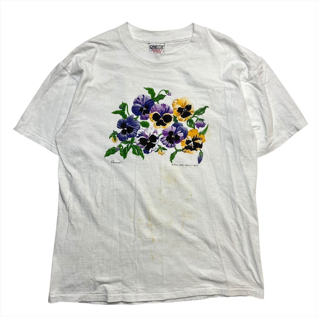 Vintage 90s ONEITA オニータ パンジー フラワー アート プリント Tシャツ 半袖 ホワイト 古着 メンズ L USA製 ヴィンテージ ビンテージ拍卖
