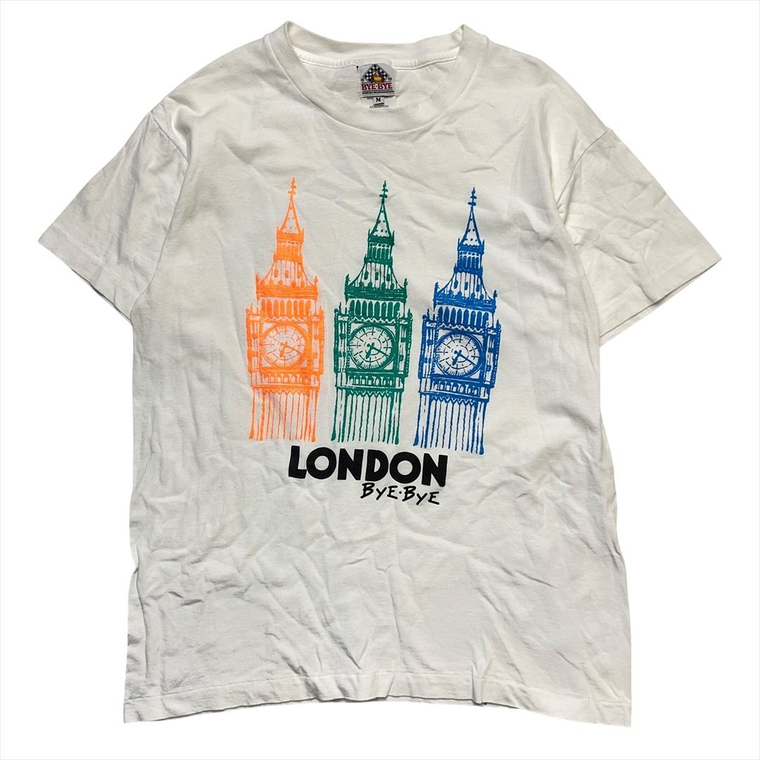 Vintage 80s-90s BYE BYE London Big Ben プリント Tシャツ 半袖 ホワイト 古着 メンズ M シングルステッチ ヴィンテージ ビンテージ拍卖