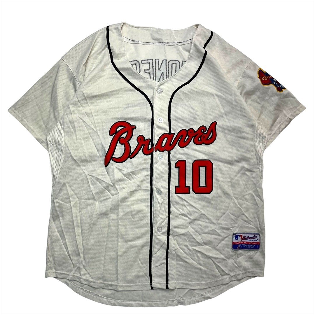 Vintage 90s-00s MAJESTIC MLB アトランタ ブレーブス ユニフォーム シャツ 半袖 ホワイト 古着 メンズ FREE チッパー ジョーンズ #10拍卖