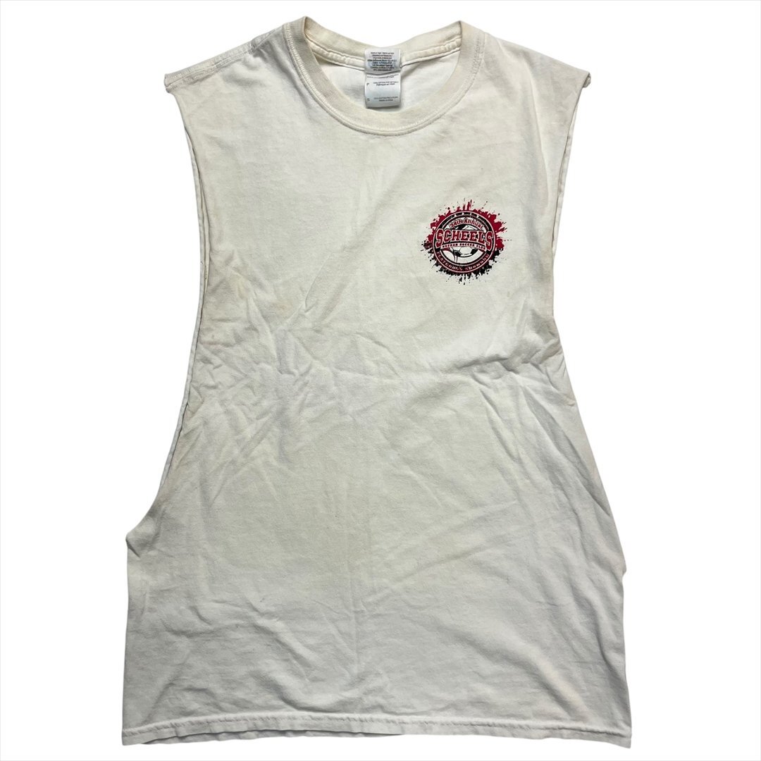Vintage 00s GILDAN ギルダン SCHEELS 34th Annual サッカーボール ロゴ タンクトップ ホワイト 古着 メンズ S 袖カットオフ ヴィンテージ拍卖