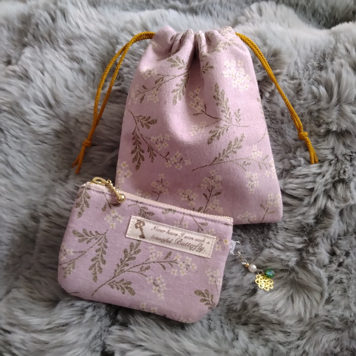 ★ファスナーポーチ★紫小花柄♪★小銭入れと巾着★小物入れに♪ハンドメイド拍卖