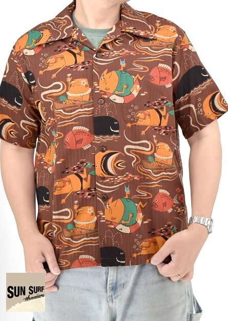 ドビーコットンアロハシャツ「OCEAN ACTIVITIES」by 柳原良平 with MOOKIE◆SUN SURF ブラウン XLサイズ SS39538 サンサーフ拍卖