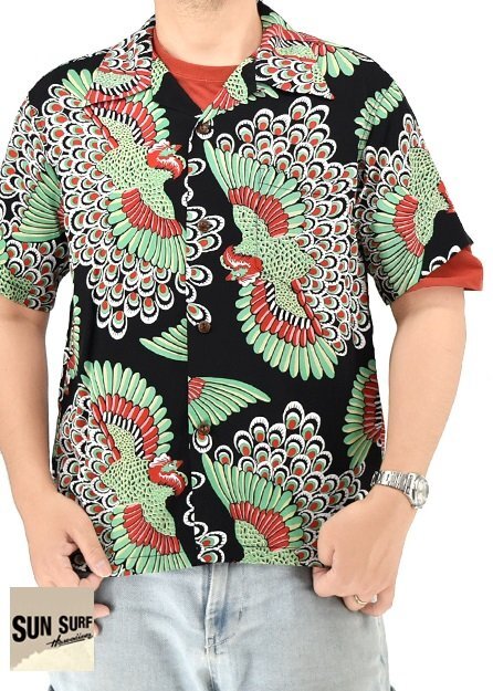 レーヨンアロハシャツ「PEACOCK」◆SUN SURF ブラック XXLサイズ SS39480 サンサーフ ハワイアン 和柄 孔雀 日本製拍卖