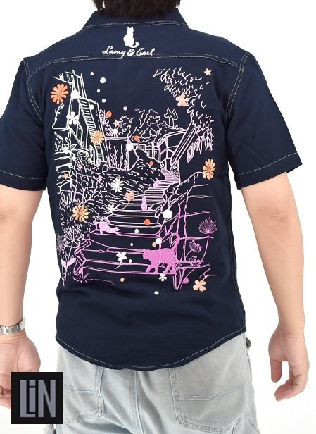 ラミ&アール 路地裏の猫たち半袖シャツ◆LIN ネイビー XLサイズ AL-75771 黒猫 ネコ ネズミ 刺繍拍卖