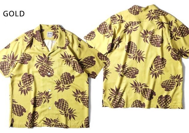 アセテートツイルアロハシャツ「PINEAPPLE」◆HOUSTON ゴールド Lサイズ 41194 ヒューストン ハワイアン パイナップル拍卖
