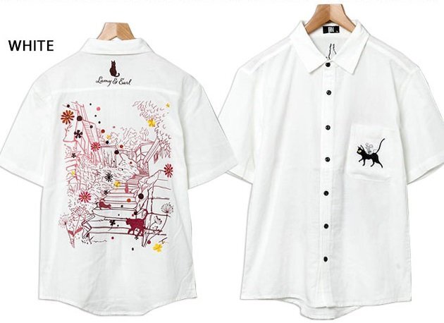 ラミ&アール 路地裏の猫たち半袖シャツ◆LIN ホワイト XXLサイズ AL-75771 黒猫 ネコ ネズミ 刺繍拍卖