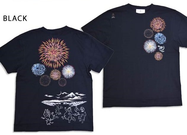 花火半袖Tシャツ◆喜人 ブラック XLサイズ KJ-52010 和柄 和風 夏 風物詩 鳥獣戯画 きじん拍卖