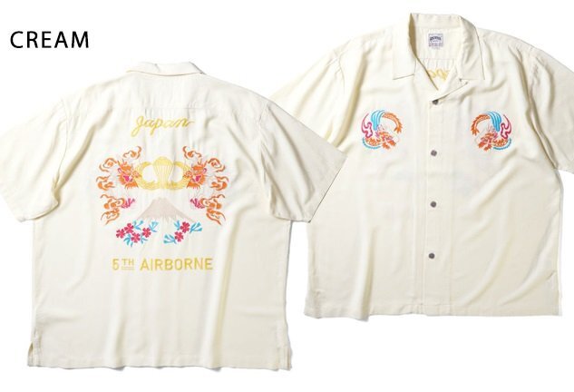 スーベニアシャツ「AIRBORNE」◆HOUSTON クリーム Lサイズ 41221 ヒューストン 和柄 和風 龍 竜 ドラゴン ミリタリー 刺繍 スカシャツ 富士拍卖