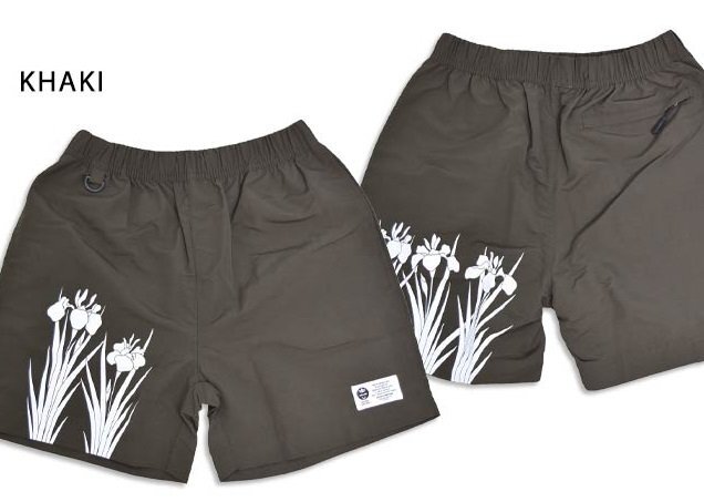 勝負ナイロンハーフパンツ◆喜人 カーキ Mサイズ KJ-52602 和柄 和風 ショーツ 菖蒲 きじん拍卖