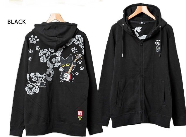 ラミ&アール 和楽器総刺繍天竺ジップパーカー◆LIN ブラック Mサイズ AL-75617 黒猫 ネコ ネズミ 唐草 和柄拍卖
