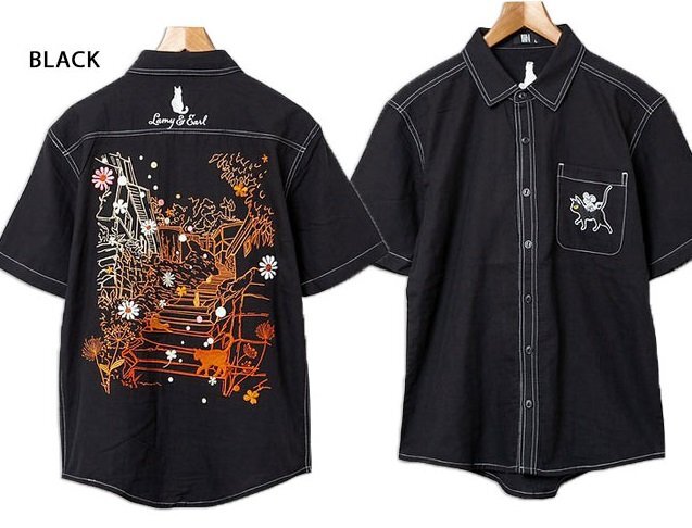 ラミ&アール 路地裏の猫たち半袖シャツ◆LIN ブラック Mサイズ AL-75771 黒猫 ネコ ネズミ 刺繍拍卖