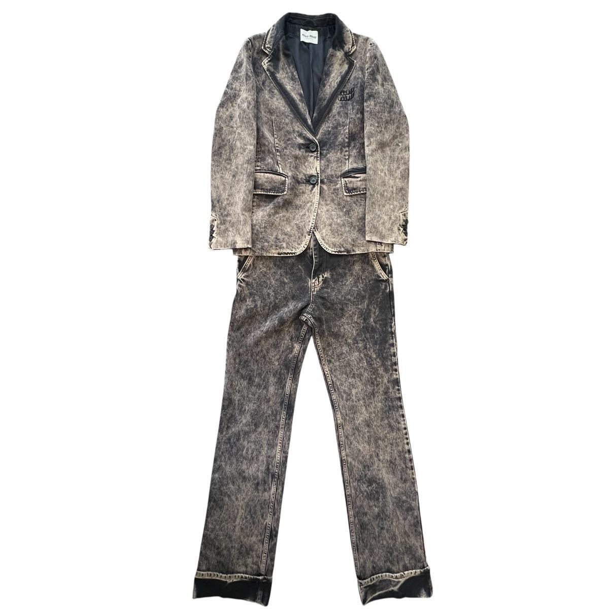 MIU MIU 2023SS Marbleized Garment-dyed Gabardine Jacket & Stainless Steel Logo Denim Pants Set-up GWG126 GWP467拍卖