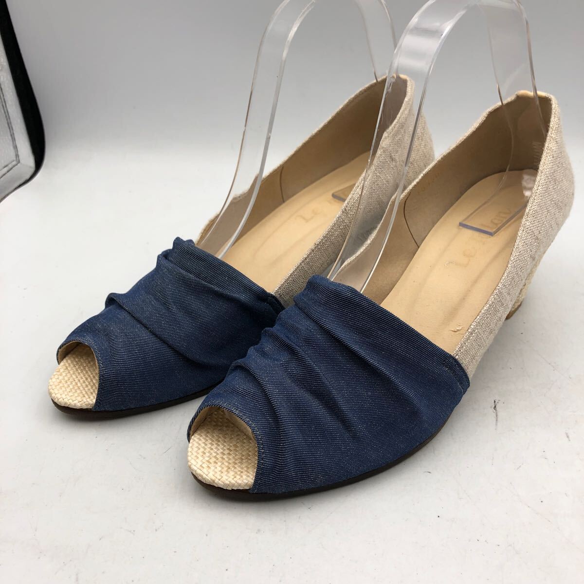 P639 LE TALON ル タロン レディース オープントゥ パンプス 37 約 23.5cm ベージュ ネイビー 布地 日本製拍卖