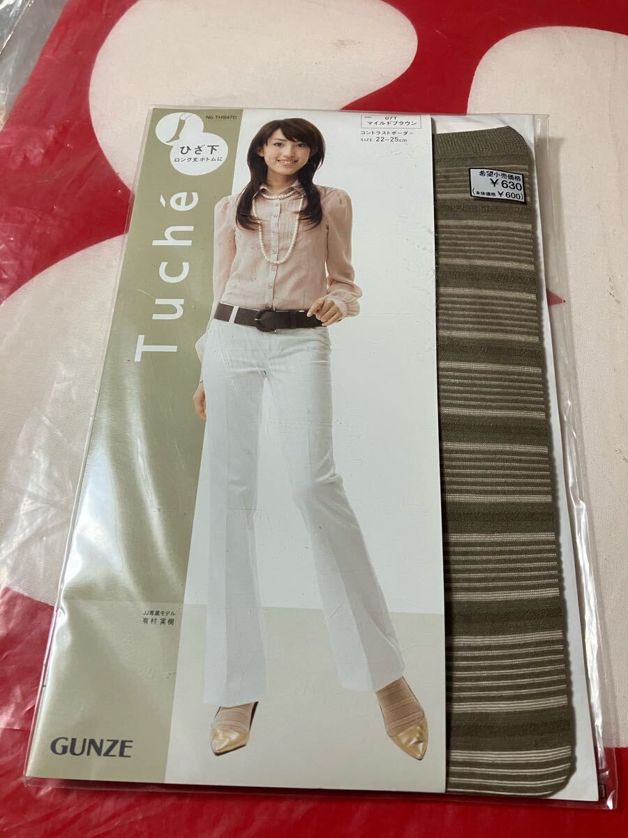 GUNZE Tuche ひざ下丈 コントラストボーダー マイルドブラウン ロング丈ボトムに グンゼ トゥシェ 柄 デザイン short stocking 22-25cm拍卖