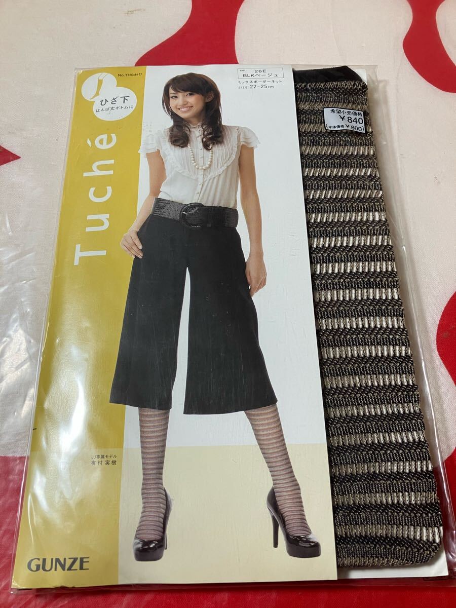 GUNZE Tuche ひざ下丈 ミックスボーダーネット BLKベージュ はんぱ丈ボトムに グンゼ トゥシェ 柄 デザイン short stocking 22-25cm 編み拍卖