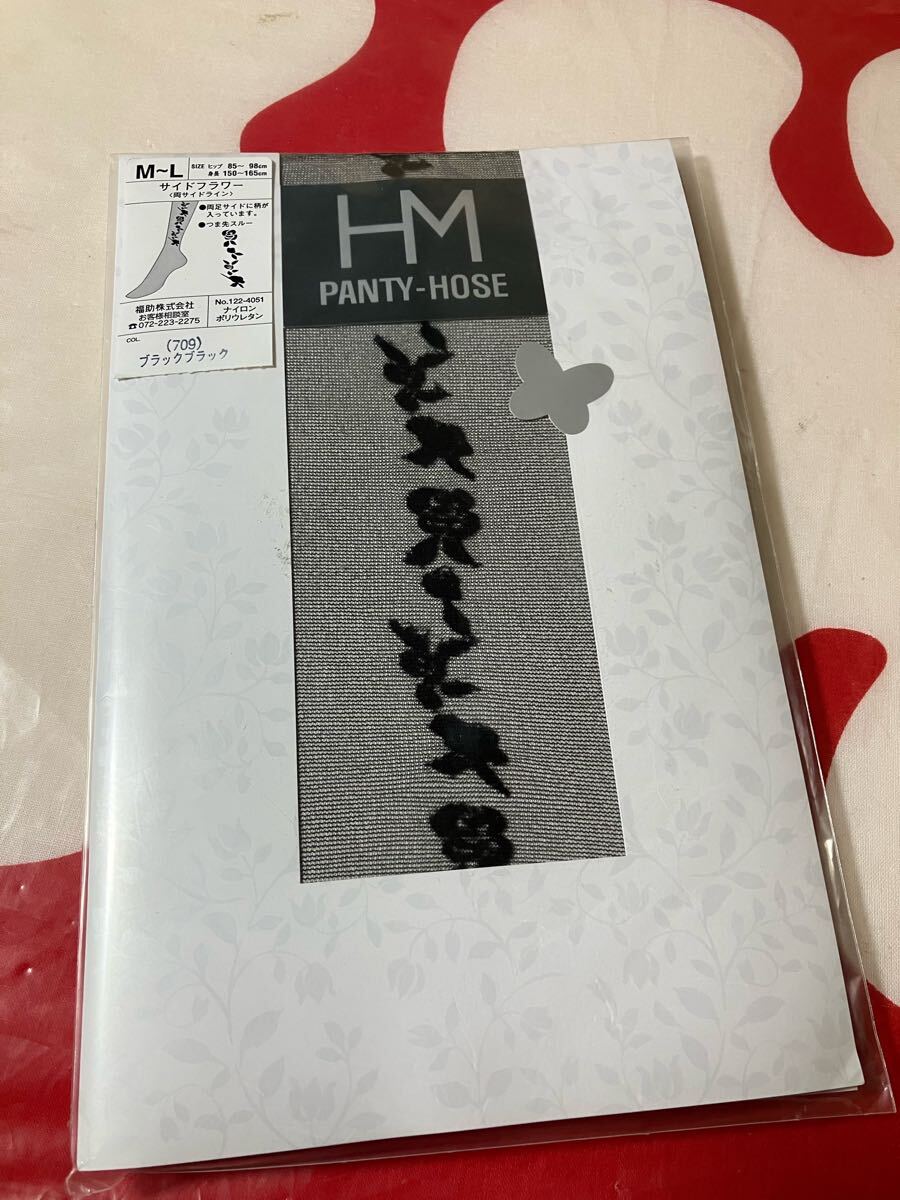 hm panty hose サイドフラワー 柄 ブラックブラック 黒 福助 パンティストッキング パンスト ハナエモリ ライン panty stocking デザイン拍卖