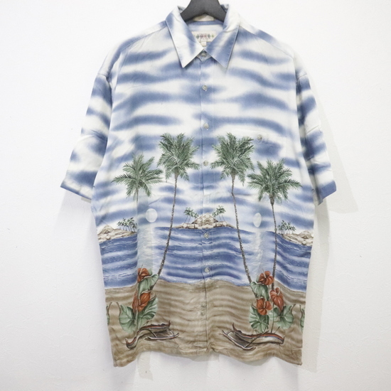 B635 90sビンテージ CAMPIA 半袖アロハシャツ■1990年代製 表記Lサイズ ブルー レーヨン ホリゾンタル アメカジ 古着 古着卸 激安 希少 90s拍卖