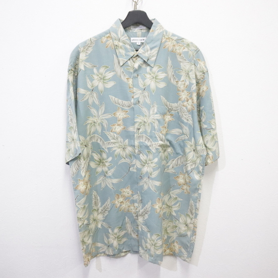 B664 90sビンテージ pierrecardin 半袖アロハシャツ■1990年代製 表記Lサイズ ブルー 青 アメカジ レーヨン ハイビスカス 古着卸 古着 80s拍卖