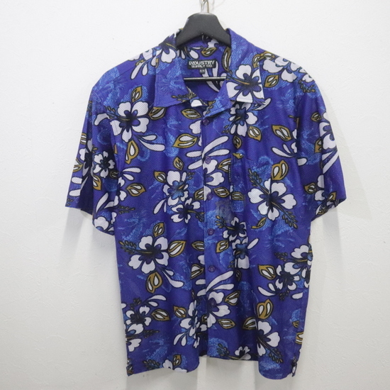 B695 2000年代製 ADUSTRY SUPPLY.CO 半袖アロハシャツ■00s 表記Mサイズ ブルー ポリエステル メッシュ ドラゴン オープンカラー拍卖