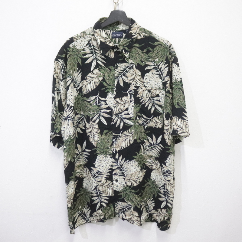 D210 90sビンテージ puritan ピューリタン 半袖アロハシャツ■1990年代製 表記Lサイズ ブラック 黒 アメカジ レーヨン パイナップル 古着卸拍卖