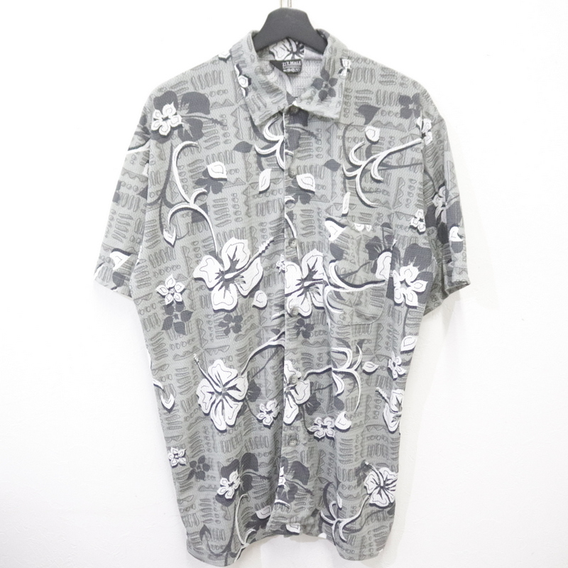 W439 2000年代製 PRIORZTYMALE 半袖シャツ■00s 表記Lサイズ グレー ハイビスカス アロハ ポリエステル アメカジ ストリート 古着 激安 90s拍卖