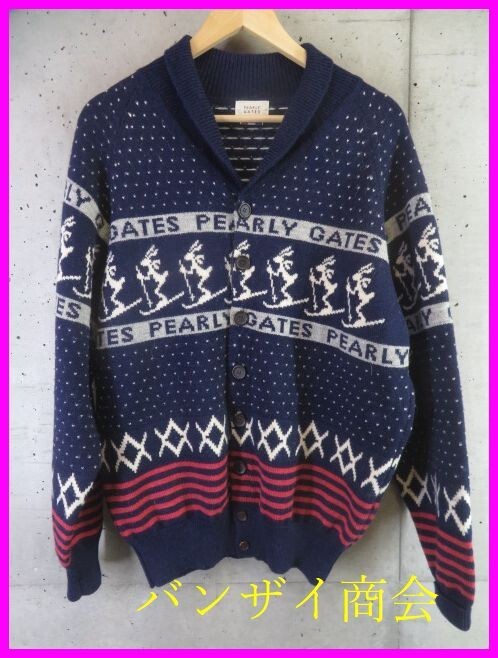 6060b10◆日本製◆PEARLY GATES パーリーゲイツ ショールカラー襟 スキー柄 ウールニットカーディガン L/ジャケット/セーター/ポロシャツ拍卖