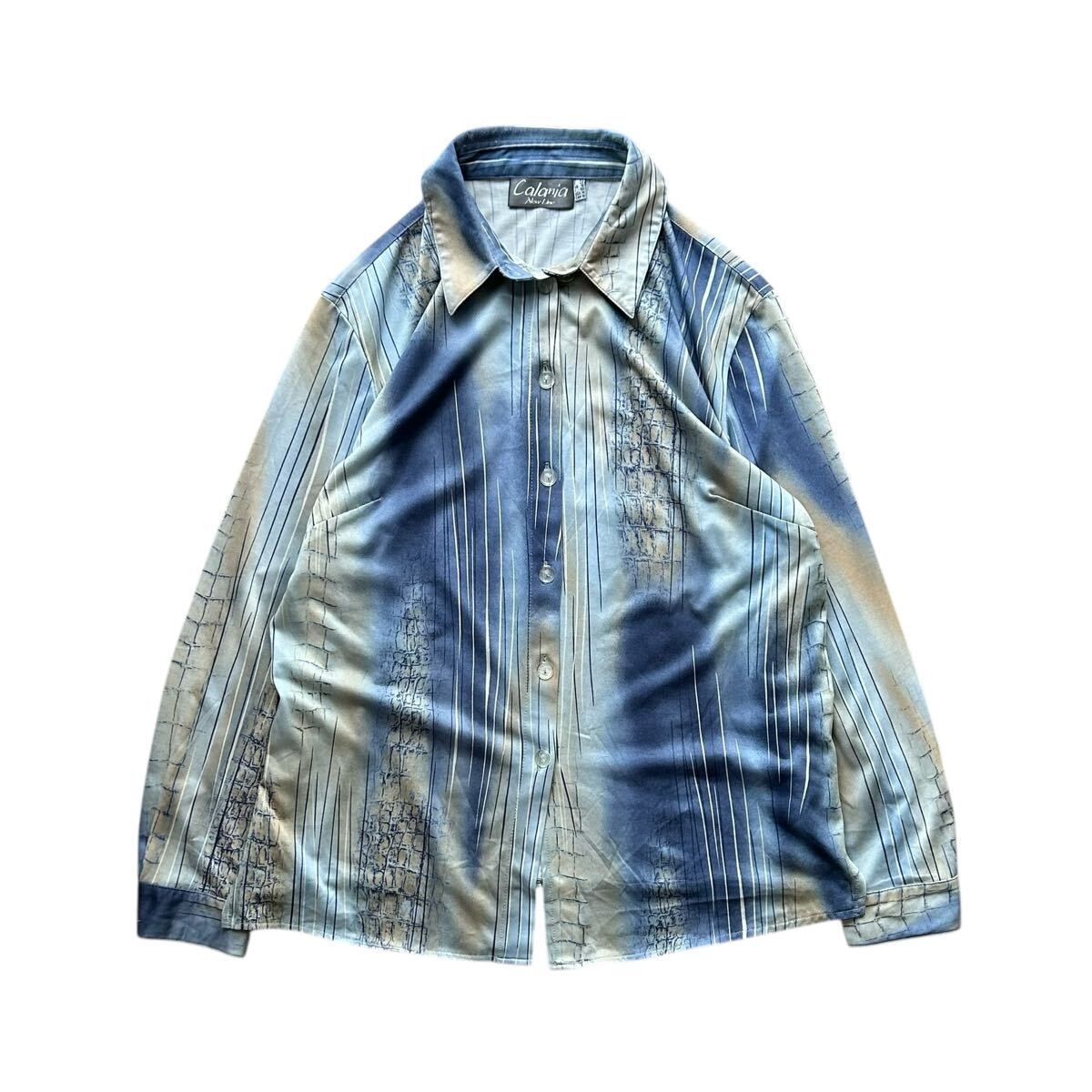 Calania New Line L/S ポリエステル シャツ 14サイズ Lサイズ相当 ブルー 総柄 長袖シャツ ボックスシルエット 柄シャツ ユーロ 拍卖