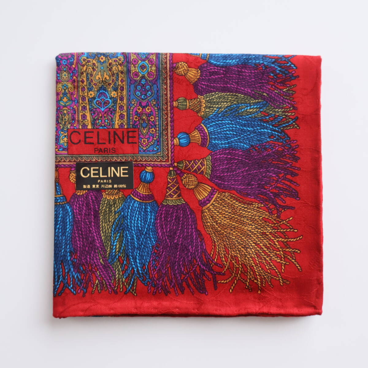 ■未使用 CELINE セリーヌ ハンカチ 本棚 タッセル柄 地模様■拍卖