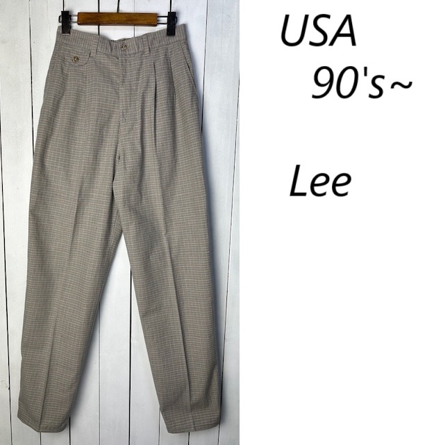 USA古着 90s Lee チェック タック入コットンスラックスパンツ 6 グレージュ オールド ワイドテーパード リー 春夏秋 M程度 ●280拍卖