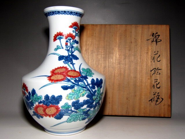 無形文化財 十二代 今泉今右衛門 錦花絵花瓶 栞付       m724拍卖