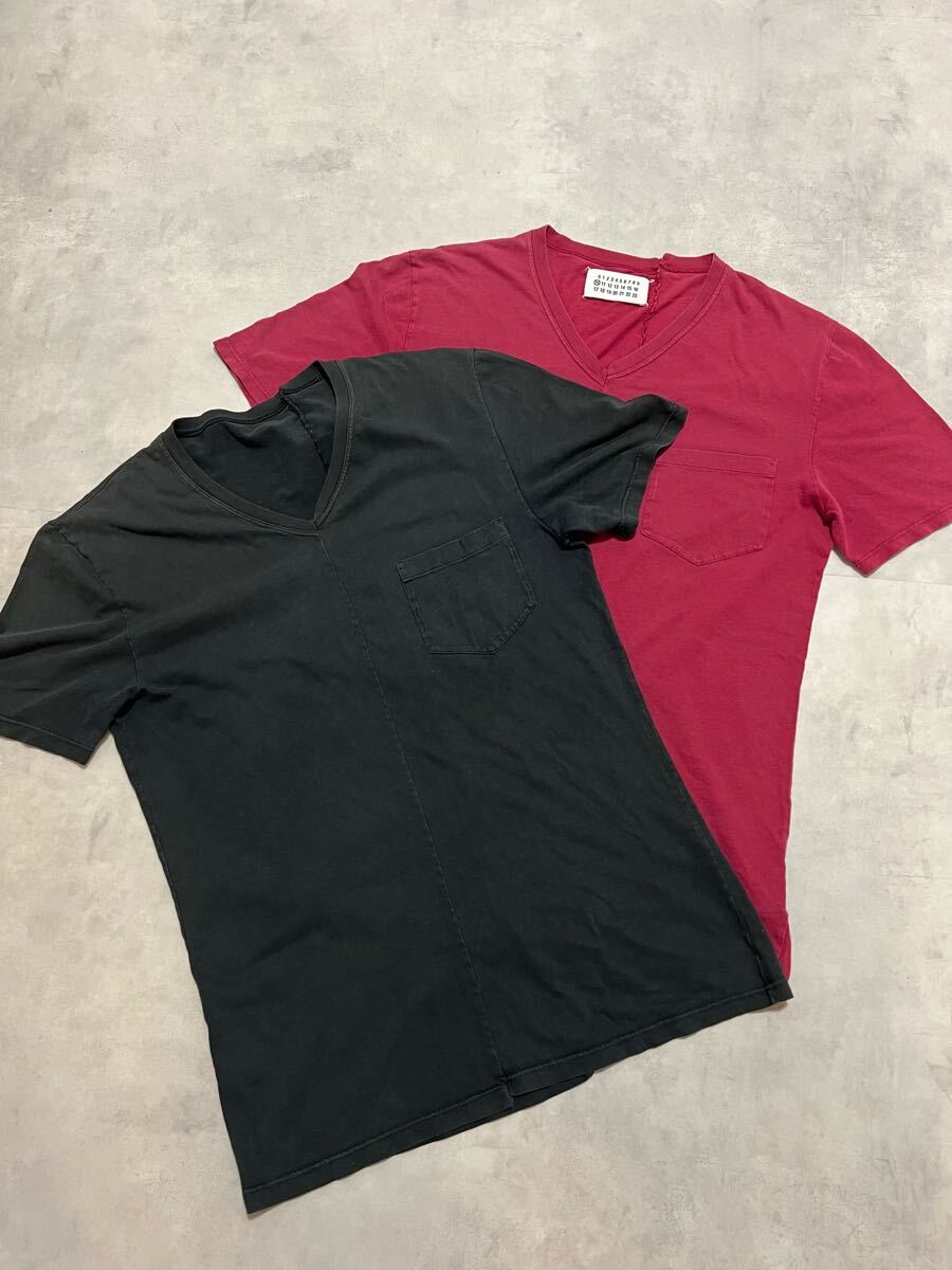 【名作】Martin Margiela 10Line 09AW ポケットドッキング Vネック 半袖Tシャツ 黒 赤 マルジェラ 再構築拍卖