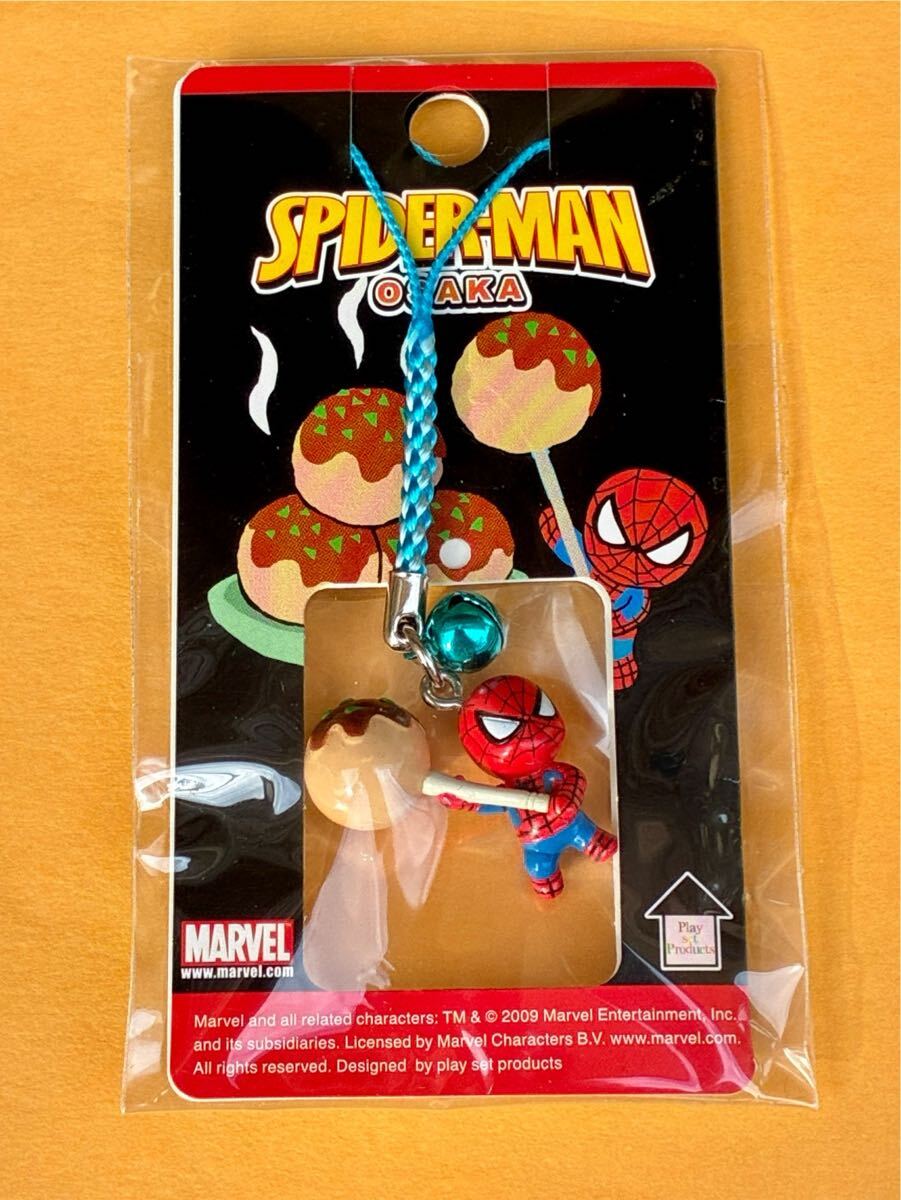 ★美品★未使用品★スパイダーマン ストラップ 大阪 たこ焼き★ご当地 コンビねつけ 根付け★鈴 青 ブルー あすなろ舎 キャラクター 拍卖