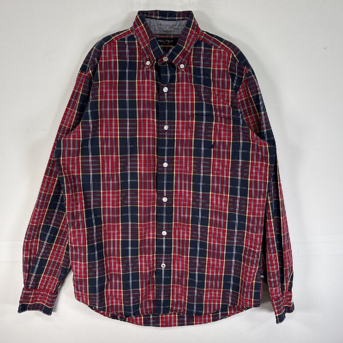 古着 ノーティカ NAUTICA 長袖シャツ チェック ロゴ 刺繍 ボタンダウン S レッド マルチカラー メンズ拍卖
