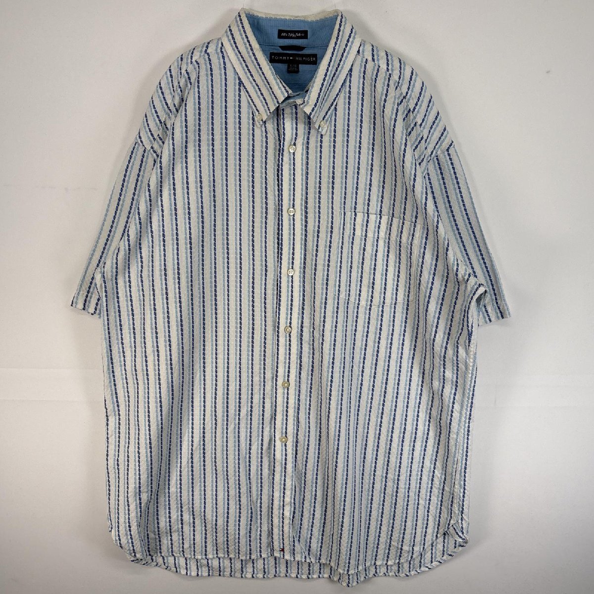 古着 トミーヒルフィガー TOMMY HILFIGER 半袖シャツ ストライプ ボタンダウン 胸ポケ 大きいサイズ 肉厚 XL ブルー系 マルチカラー拍卖