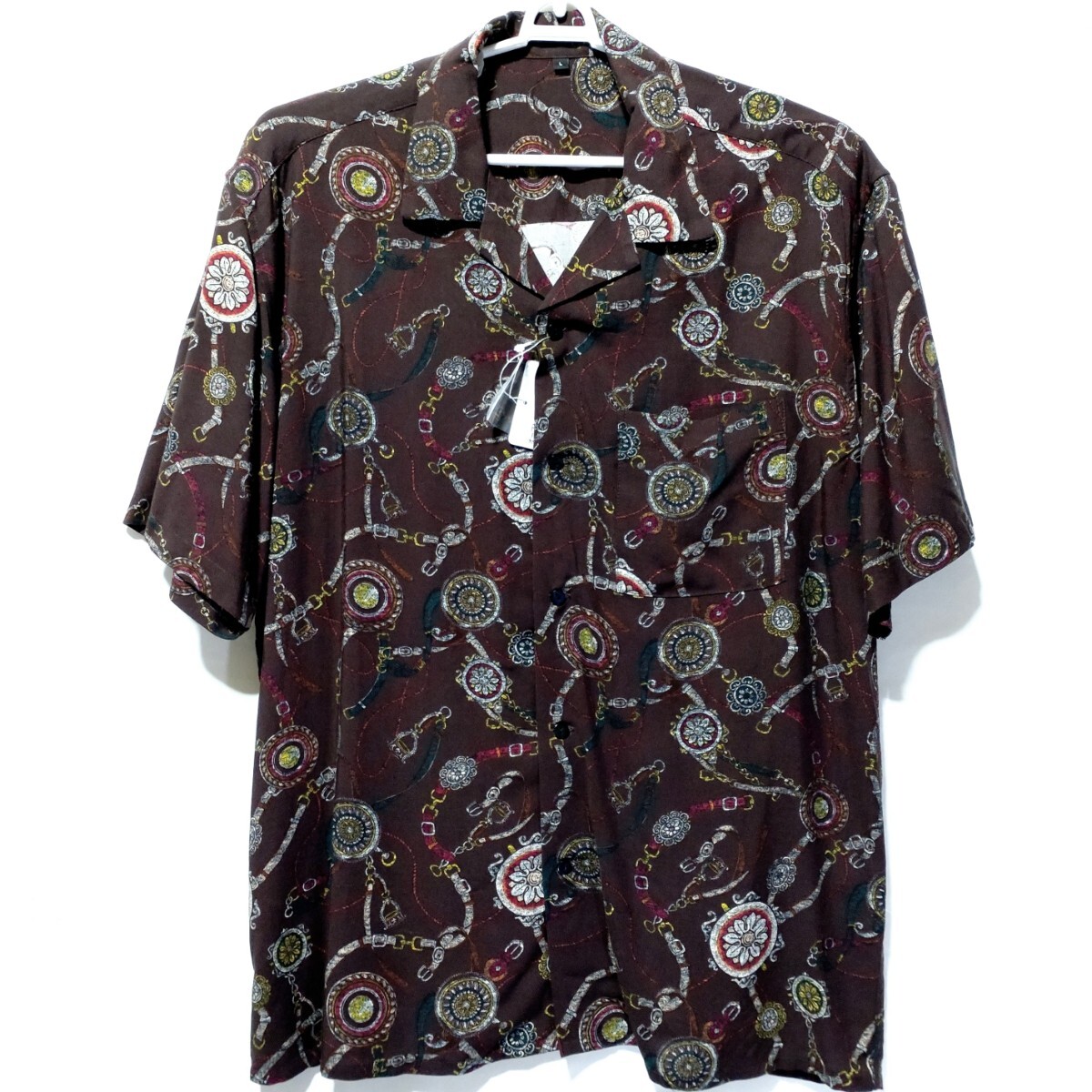 特価/未使用【サイズ=L】アクセサリー柄/メンズ/半袖/アロハシャツ/オープンシャツ/胸囲=96~104cm/brown拍卖
