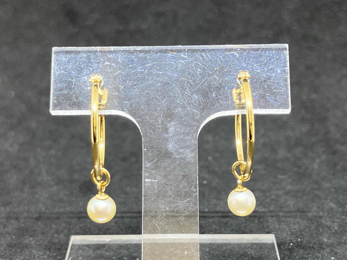 K18 フープピアス パールチャーム付き 総重量0.9g 直径15mm 1mm幅 4mm珠 18K YG 18金イエローゴールド拍卖