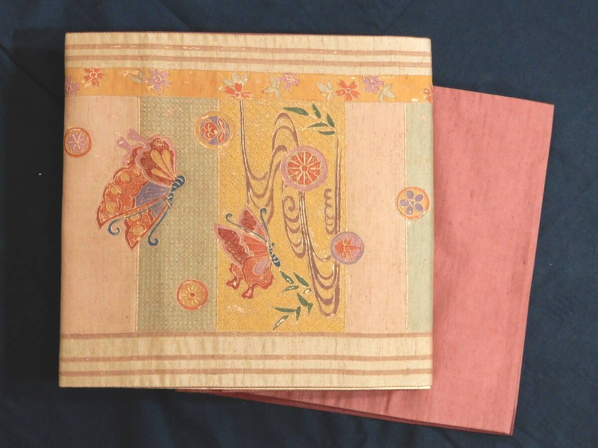 <銀の斧>正絹・紬地汕頭刺繍袋帯・和名 銅色・太鼓柄・スワトウ刺繍拍卖