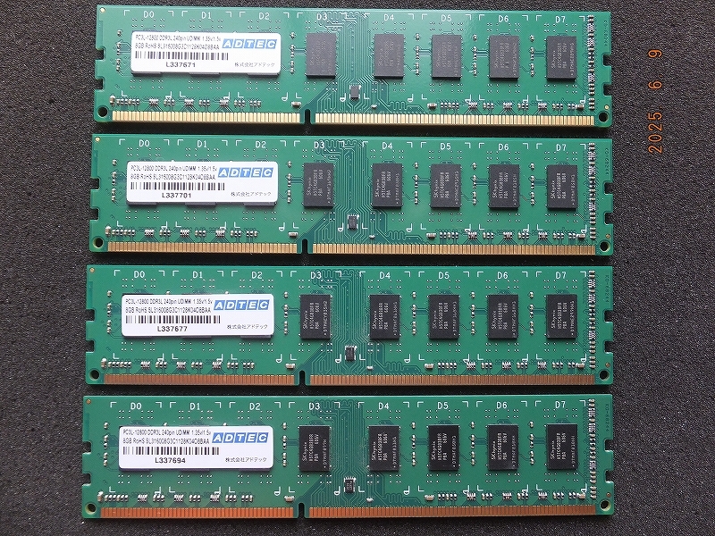ADTEC PCL3L-12800 DDR3L 240Pin UDIMM 8GB4枚 合計32GB 現状動作品拍卖
