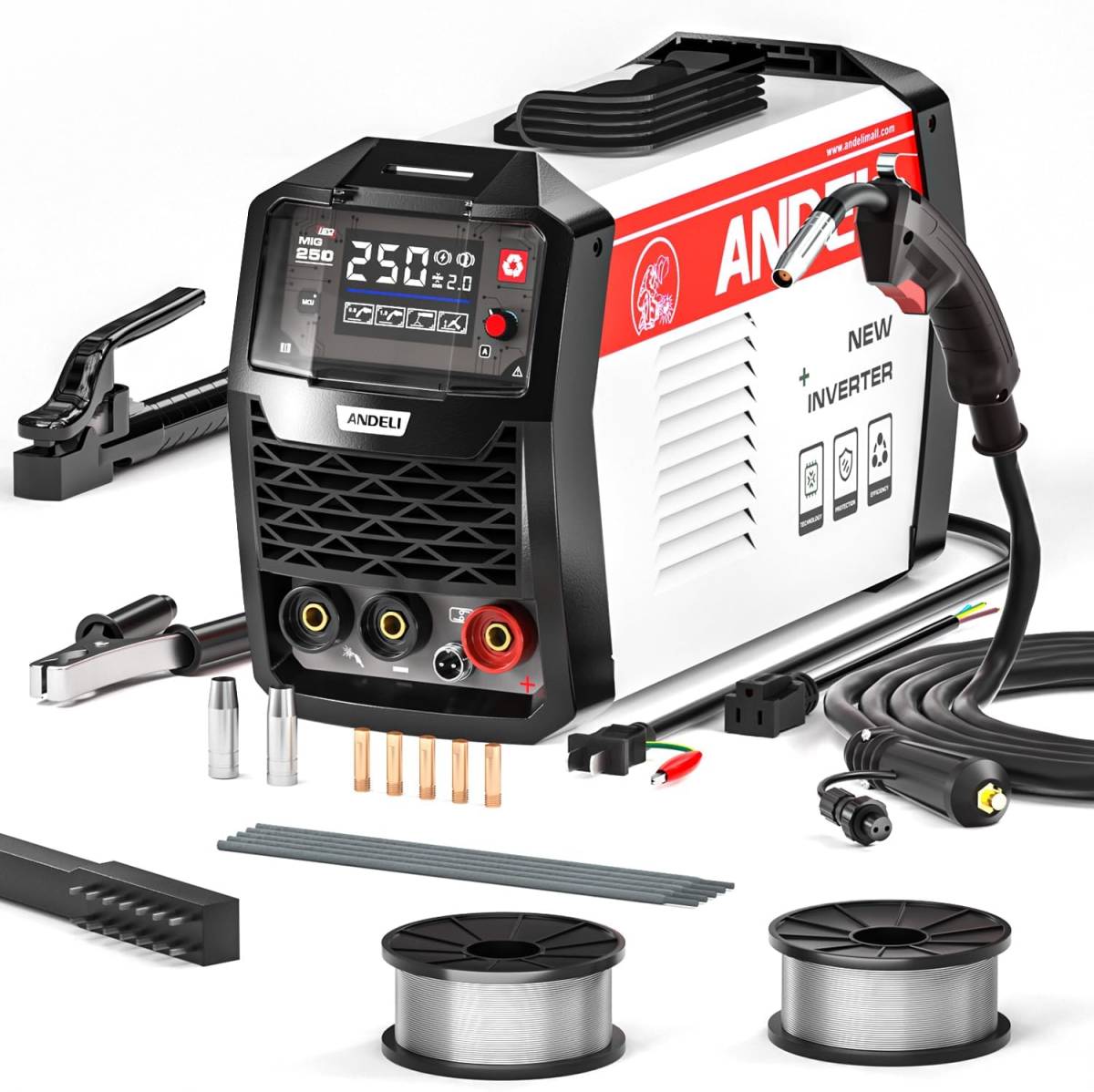 【新品】ANDELI 半自動溶接機 MIG-250ME LED 120AノンガスMIG/アーク溶接/LIFT TIG 100V/200V兼用 インバーター直流溶接機 日本語取説拍卖