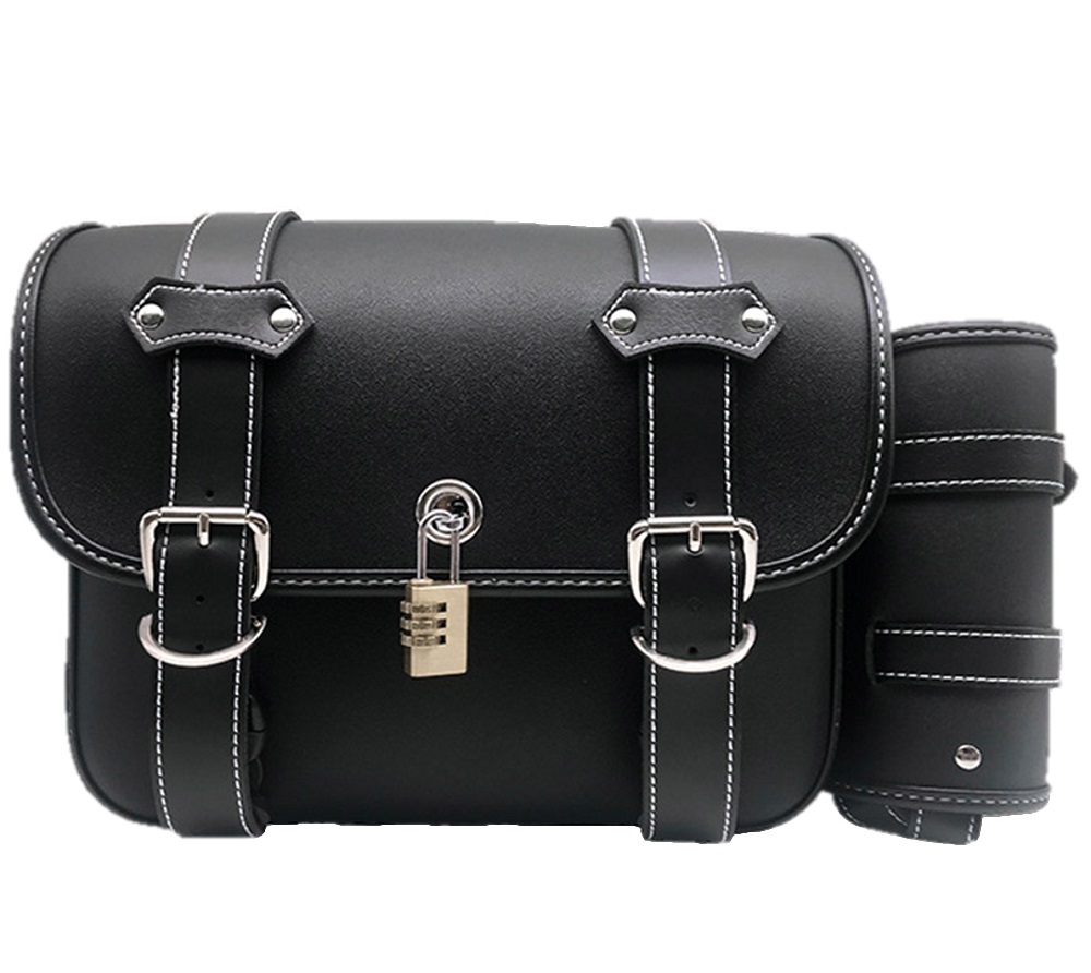 バイク サイド バッグ レザー ハーレー ツール サドル バッグ 南京錠 鍵 付 ケース 小物入れ 防水 大容量 汎用 ブラック 黒1個 KRB001拍卖