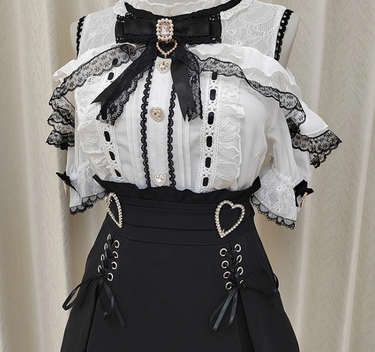 M オープンショルダーフリルブラウス 地雷 お嬢様 デート用 レース ドレス拍卖