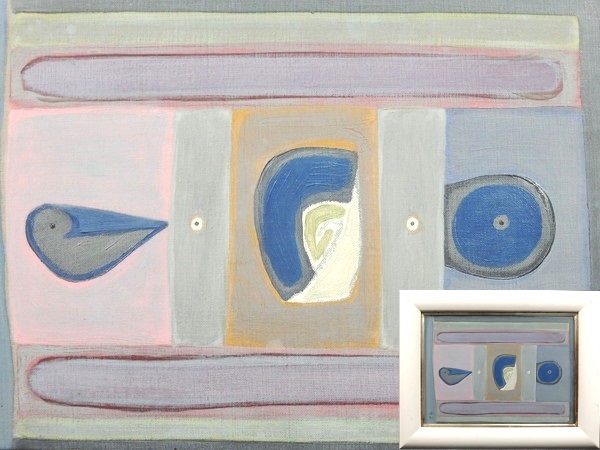 真作/馬場彬/「灰色のなかの色の群」/油彩/4号/額装品/直筆サイン入り/1984年個展出品作品/東邦画廊 シール付/油絵/抽象画/作家物/美術品拍卖