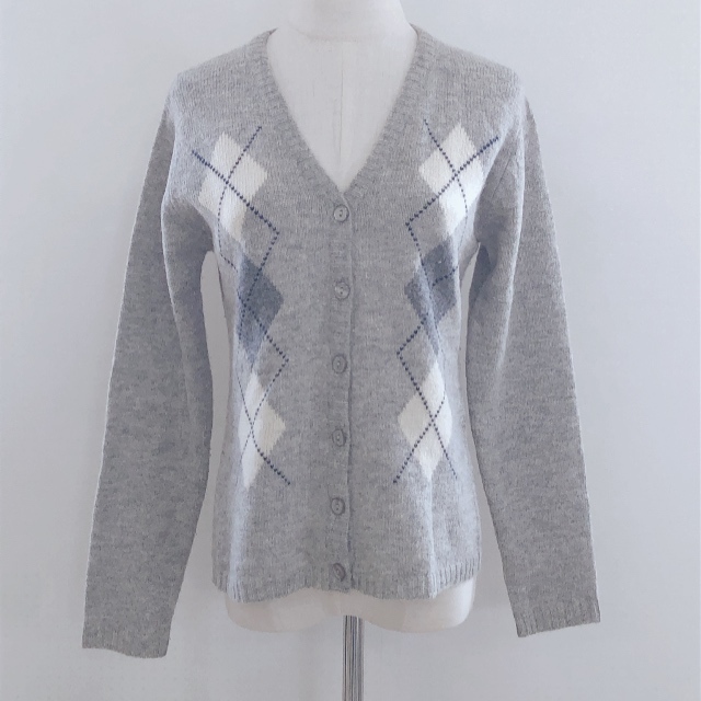 Y2032 CREAET レディース カーディガン 前ボタン 厚手 リブ袖 伸縮性あり グレー 灰 チェック柄 毛100% 大人かわいい レトロ 秋冬 休日 拍卖