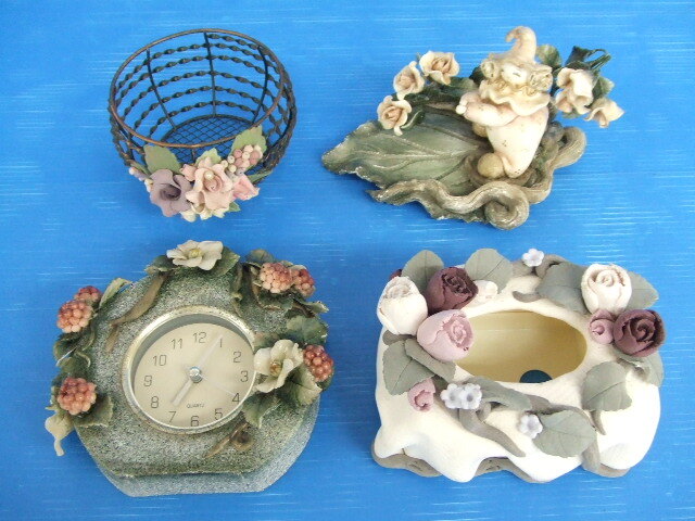 【ハンドメイド】★花柄雑貨4点セット★時計/ティッシュケース/かご/置物 紙粘土拍卖