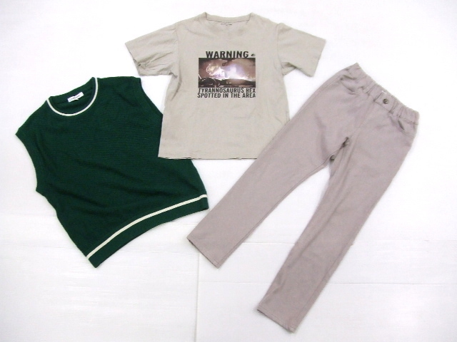 【お買得!】★GLOBAL WORK/グローバルワーク★子供服3点セット ①ノースリーブセーター/緑 ②半袖Tシャツ/グレー ③長ズボン/グレー 140拍卖