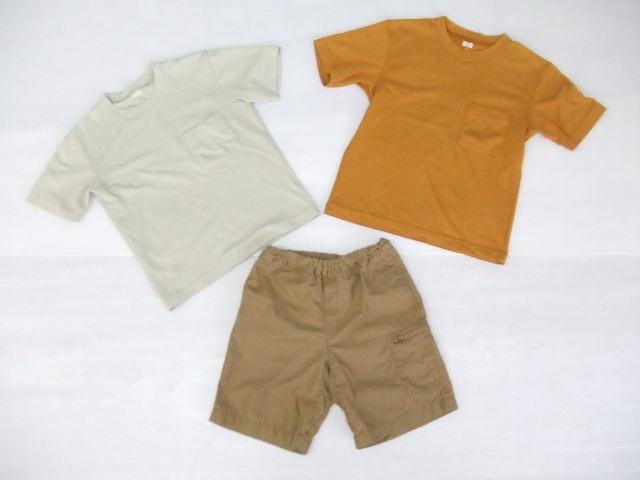【お買得】★UNIQLO/ユニクロ★子供用/140サイズ3点セット①半袖Tシャツ/薄緑系②半袖Tシャツ/オレンジ系③半ズボン/茶系拍卖