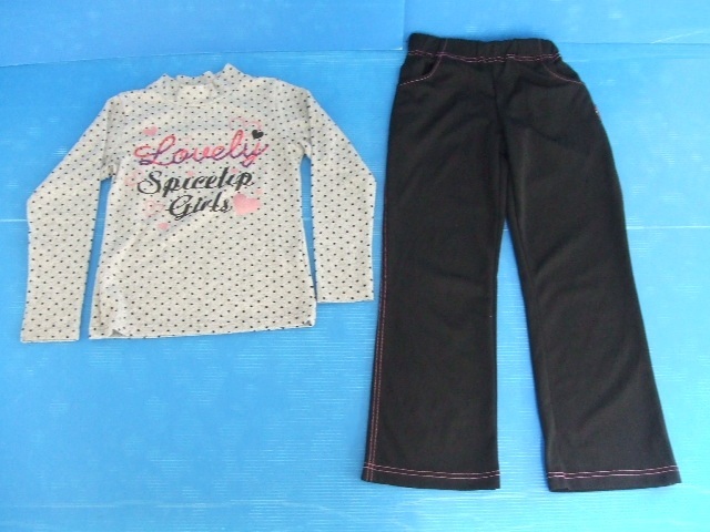 【お買得!】★女の子用140サイズ上下セット★①SPICE LIP/長袖カットソー/ドット柄・グレー ②TO COLOR/ジャージ長ズボン/黒拍卖